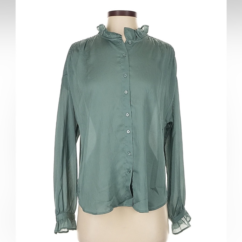 Ann Taylor Sage Green Ruffle Collar Button-Up Blouse